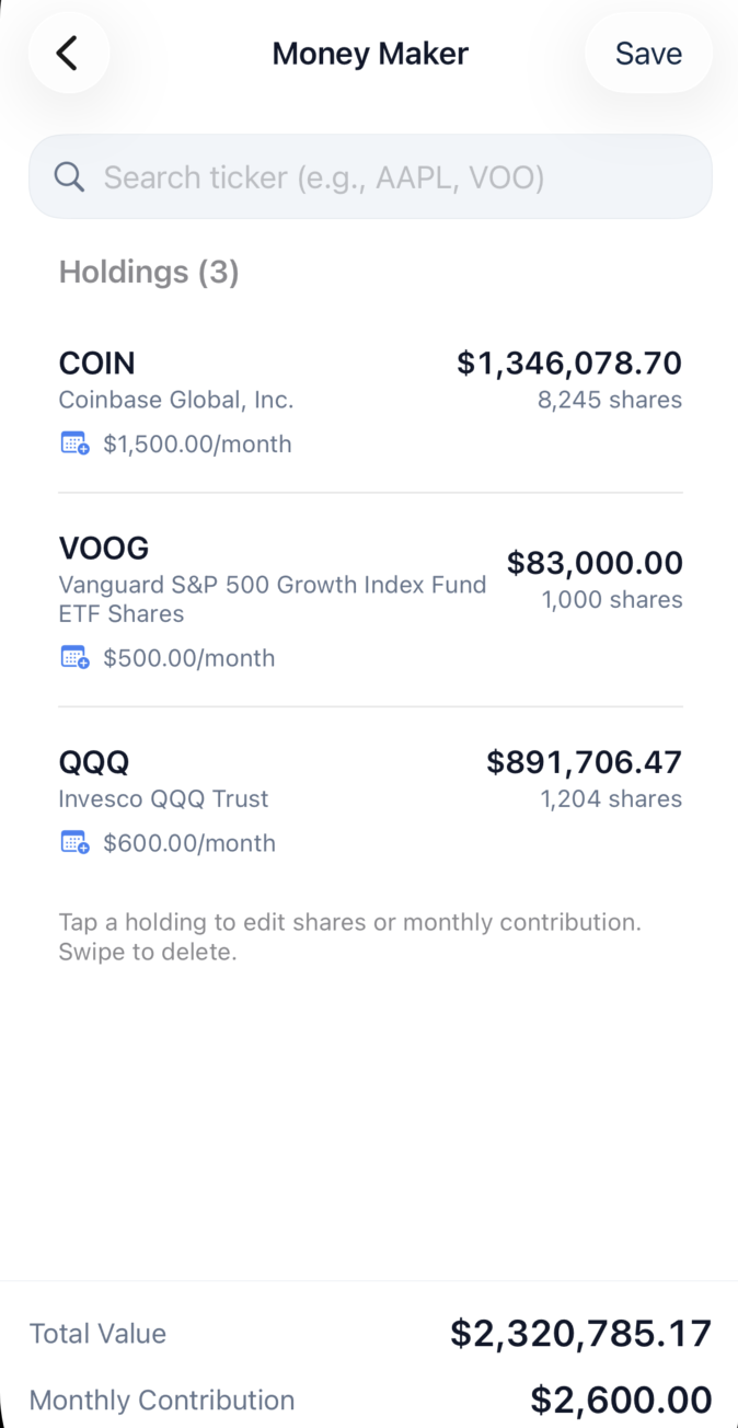 Building a real portfolio in Monte with COIN, VOOG, and QQQ holdings totaling $2.32M